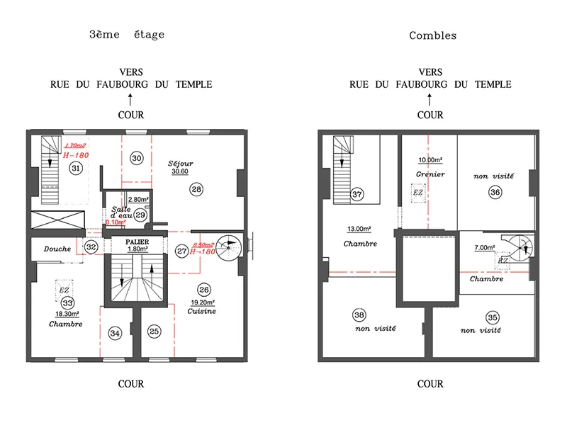plans de l’existant, 3e étage et combles