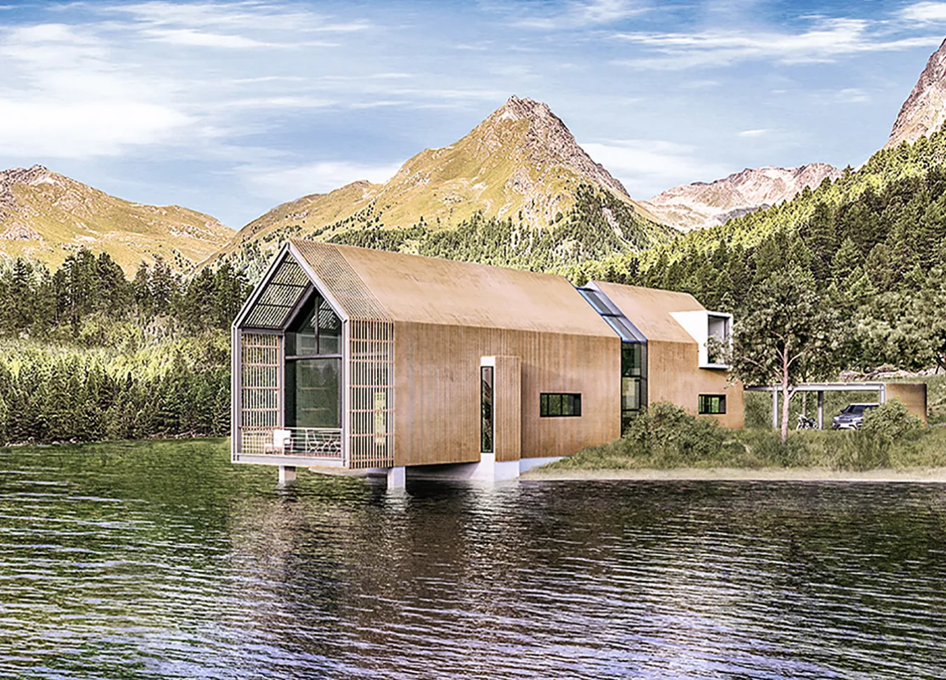 Maison contemporaine en bois au bord d’un lac, entre lac et montagne