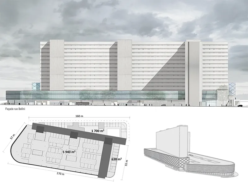 Façade rue Bellini, plan et axonométrie