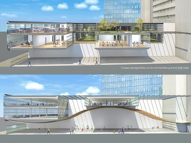 Coupes perspectives — immeubles-pont et hall