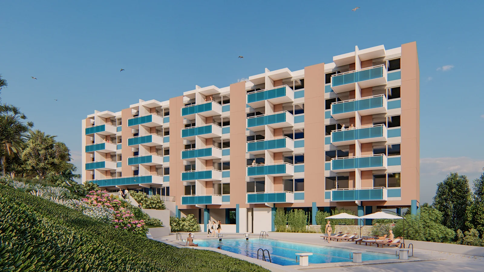 Résidence les Agapanthes — façade sur piscine avant travaux