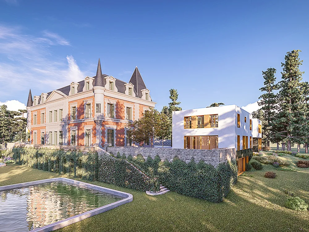 Le château et une villa contemporaine côté parc