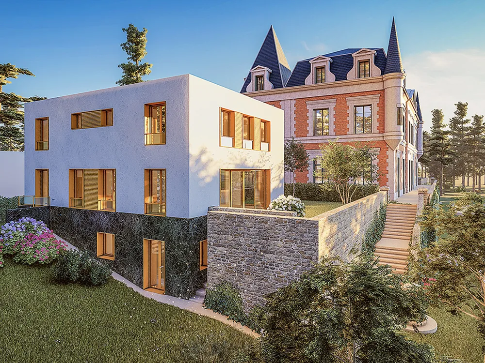 Les villas contemporaines et le château au crépuscule