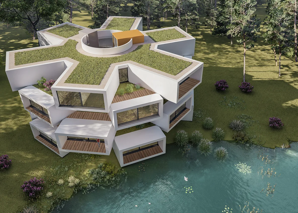 Astéria — vue aérienne du petit collectif modulaire en étoile
