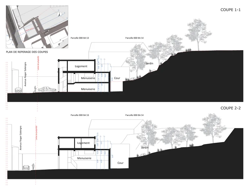 Les Jardins de la Noria — coupes de l’état existant (logement au-dessus, menuiserie en contrebas)