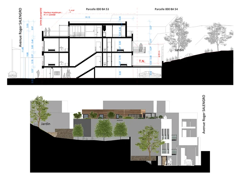 Les Jardins de la Noria — coupe longitudinale et insertion dans le terrain en pente