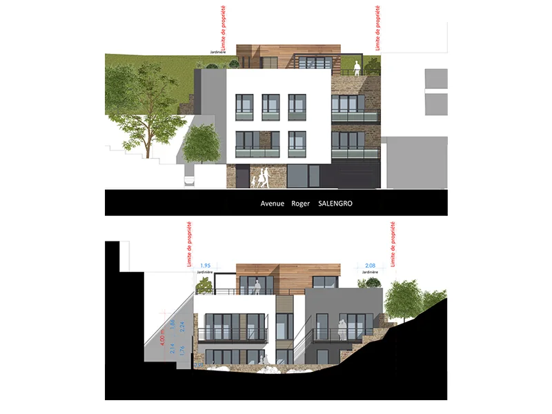 Les Jardins de la Noria — élévations des façades sur rue et sur jardin