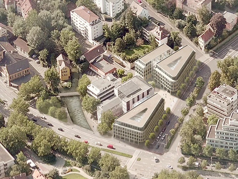 Îlot urbain mixte bureaux et logements à Singen — vue aérienne