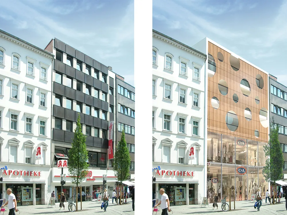 façade existante (à gauche) et nouvelle façade cuivre (à droite)