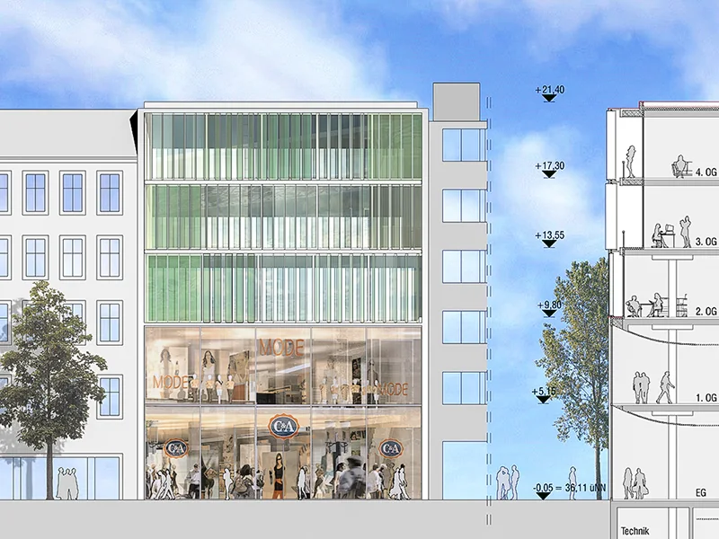 option de façade verre et métal, élévation et coupe