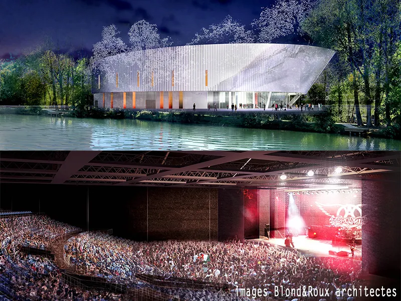 Zénith de Boulazac — perspective de nuit et vue intérieure
