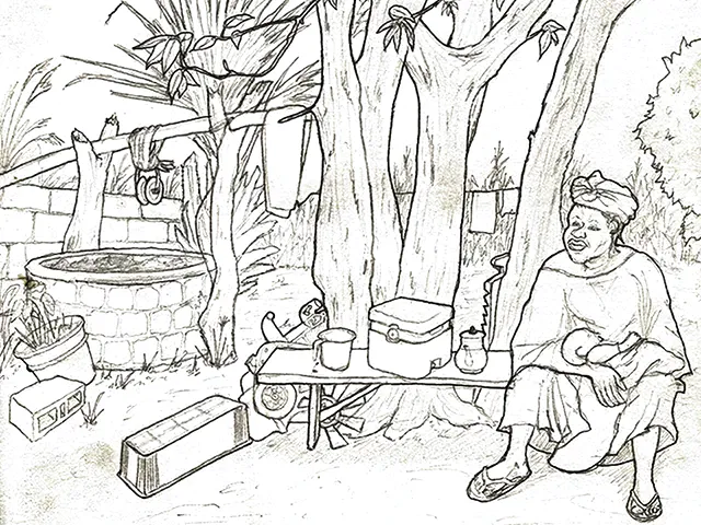 Fatou Kane et son fils, Aluwar, Sénégal, 2001, dessin, croquis à la main par Julien BERKOVIC