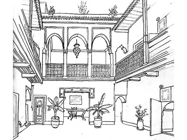 Riad, Marrakech, 2004, dessin, croquis à la main par Julien BERKOVIC