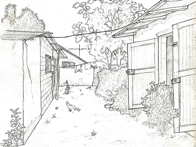 Village d’Aluwar, Sénégal, 2002, dessin, croquis à la main par Julien BERKOVIC