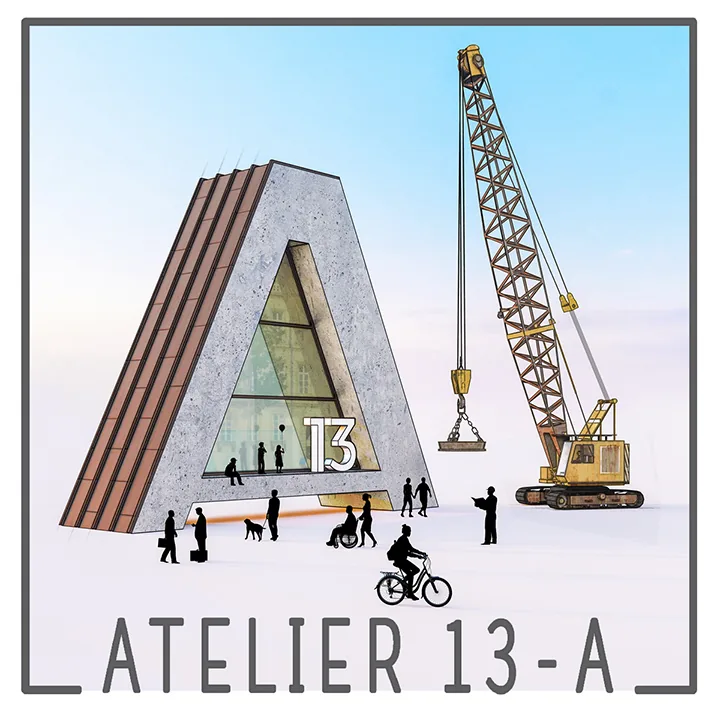 Site Atelier 13-A en construction, logo Atelier 13-A avec une grue de chantier