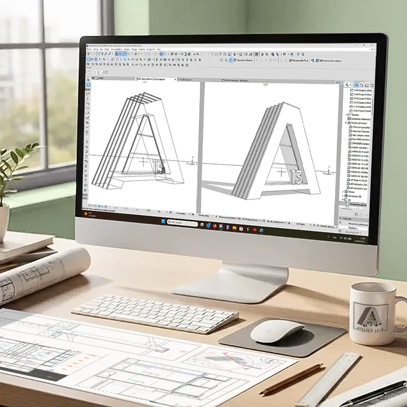 Poste de travail BIM — modèle 3D du logo Atelier 13-A à l’écran, plans sur le bureau et mug Atelier 13-A