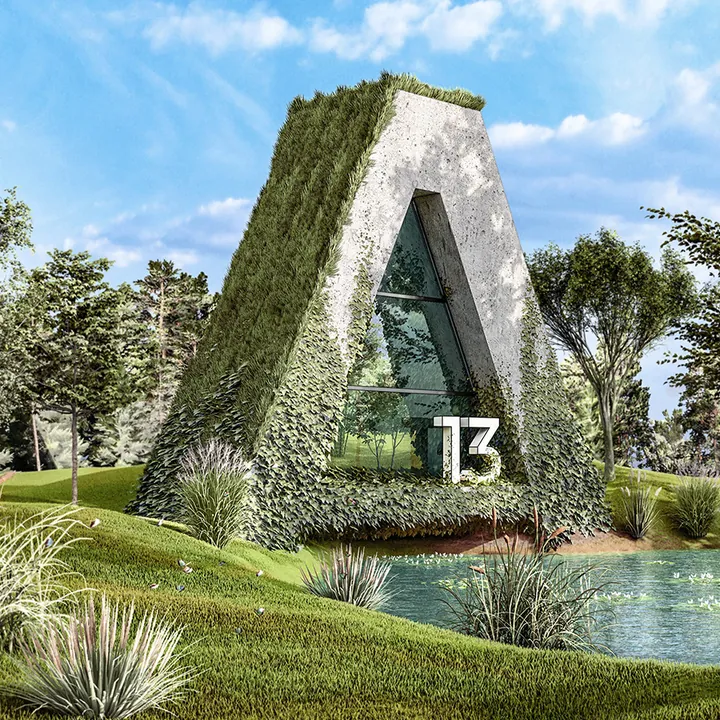 Logo végétalisé de l’Atelier 13-A, illustrant l’architecture durable et la transition énergétique.